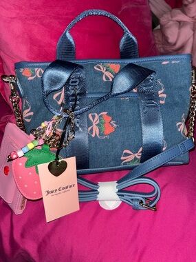 Juicy Couture Navy Denim Mini Tote with Pink Strawberry Charm